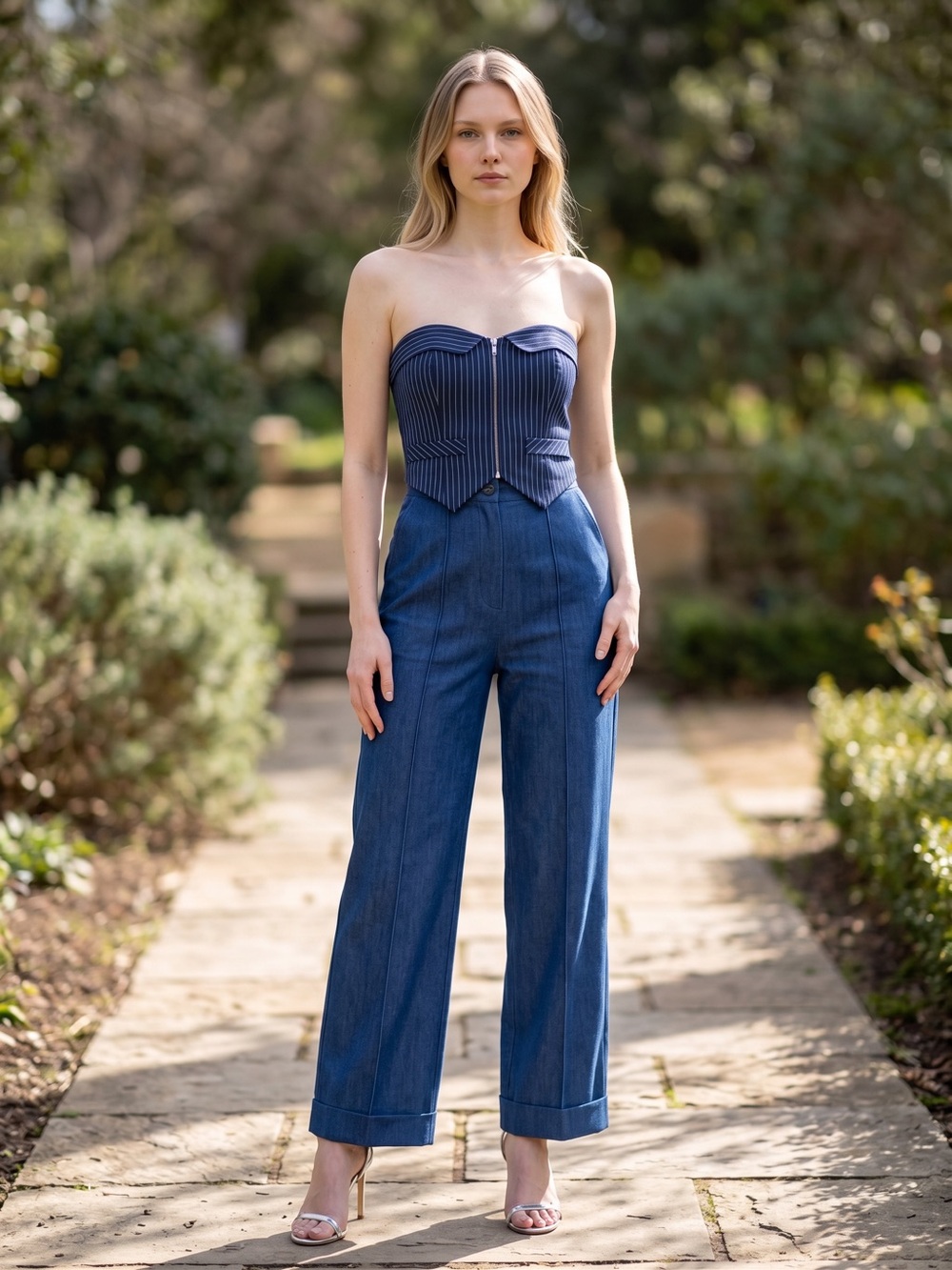 Women’s Strapless Top Navy & White Wide-Leg Cuffed Pants Set Size-XXL NEW